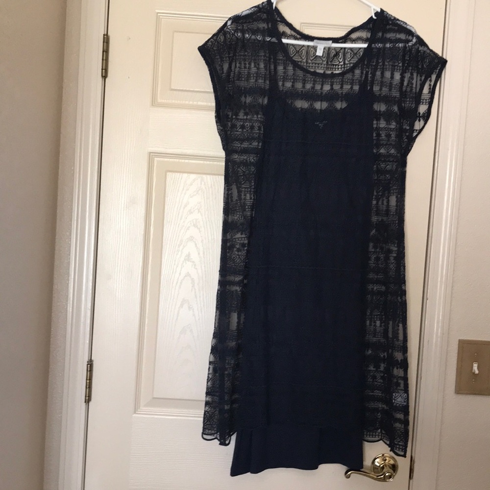 Garnett Hill Blue Social Dress. Lace overlay has adjustable straps. 38” L Size12